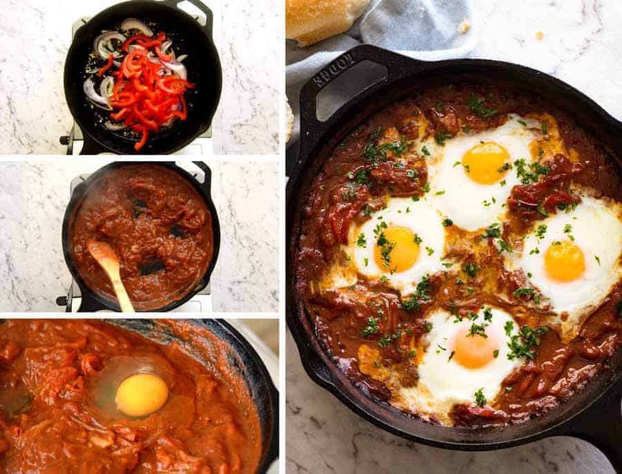 Preparation of Shakshuka, Middle Eastern baked eggs
