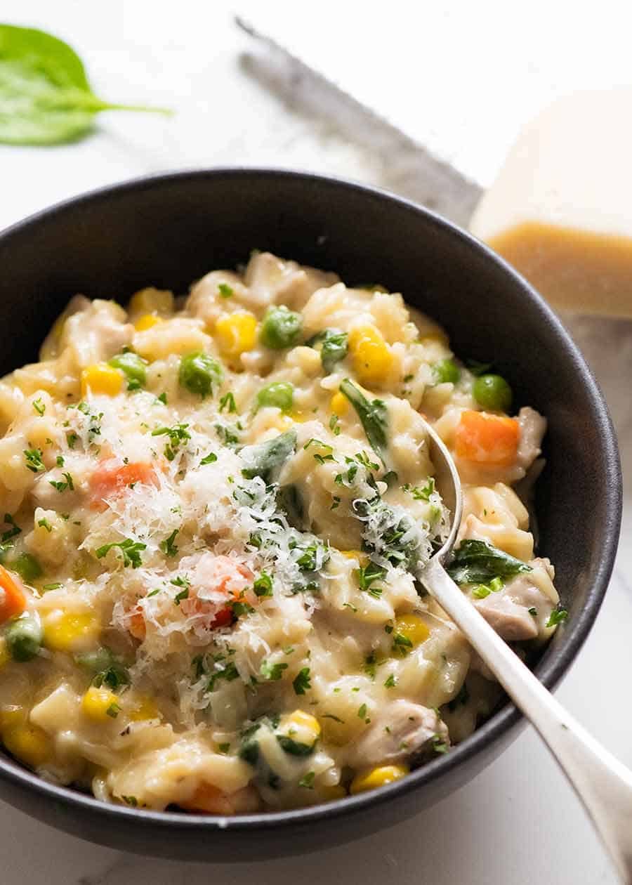 Creamy Chicken Vegetable Orzo in a bowl, ready to be eaten