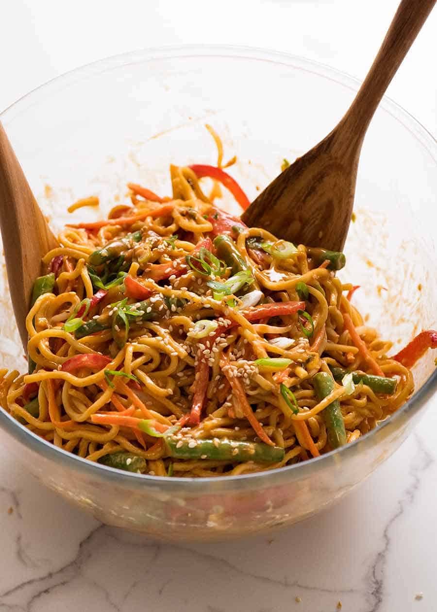 Noodle Salad (Lunch Idea for Work) in a glass bowl