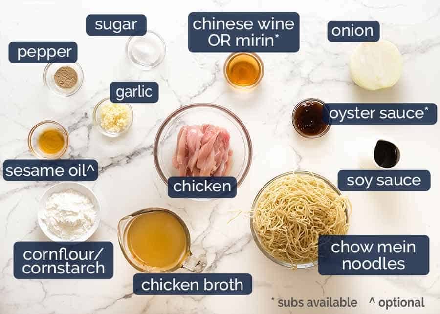 Ingredients in Chinese Crispy Noodles with Chicken Vegetable Saucy Topping