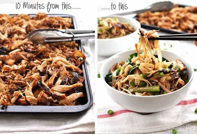 Tray of crispy shredded Chinese Chicken and Crispy Shredded Chicken Noodle Stir Fry in a bowl