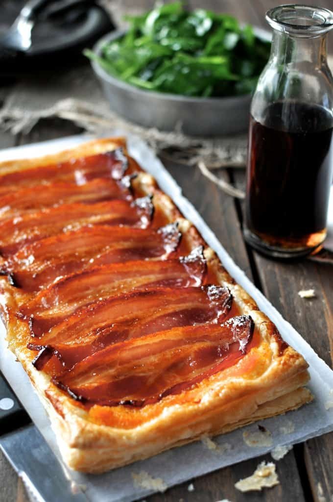 Bacon Tart fresh out of the oven, ready to be cut and served.