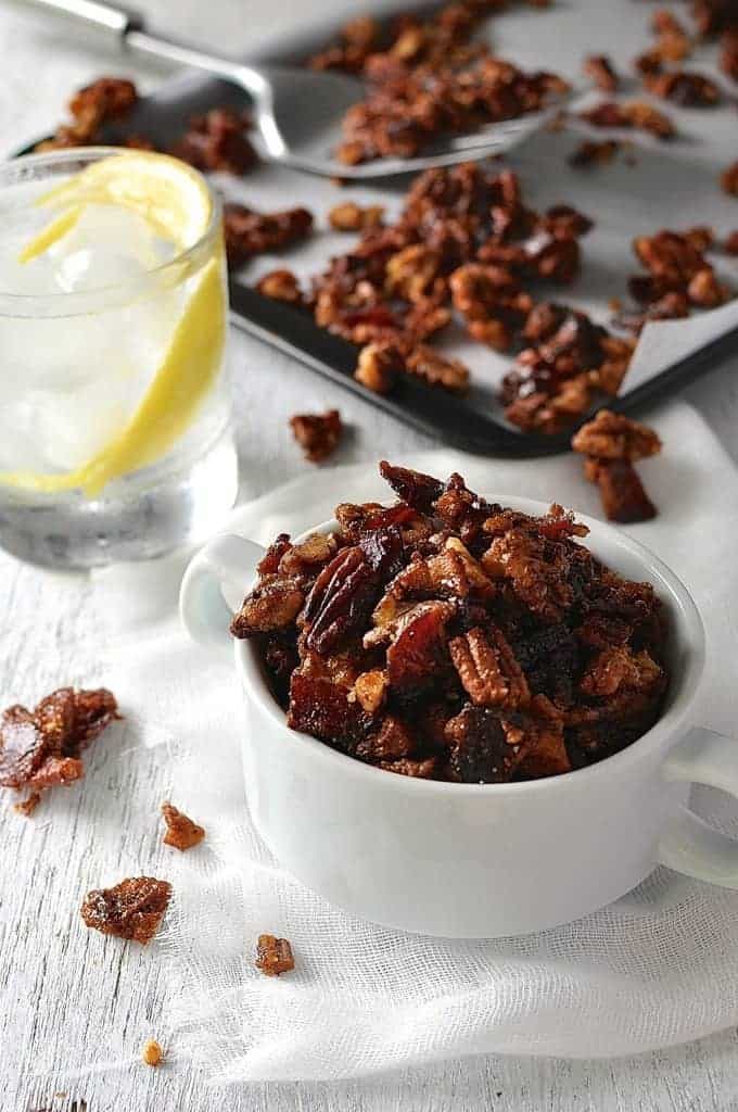A cup of Candied Bacon and Nuts (walnuts and pecan)
