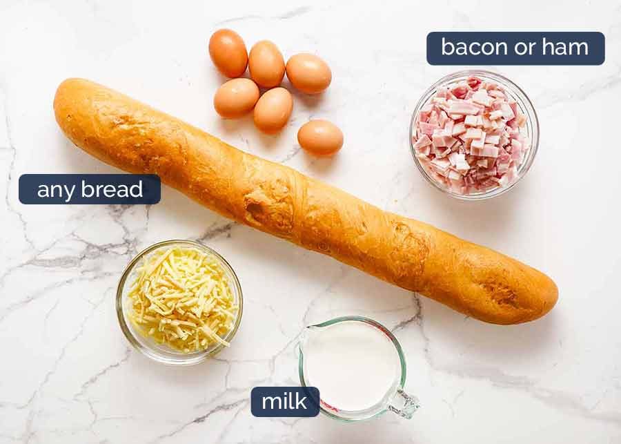 Ingredients in Cheese and Bacon Strata Cake - Breakfast Casserole