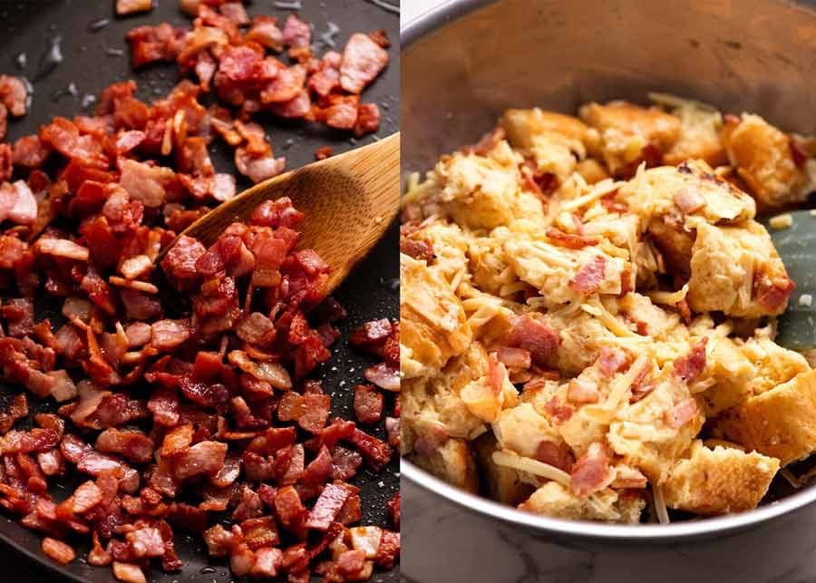 Golden crispy bacon and eggy bread mixture for Cheese and Bacon Strata Cake - Breakfast Casserole