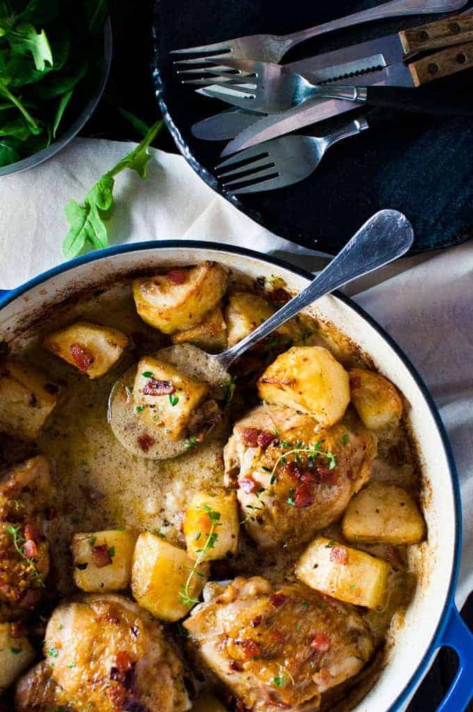 Honey Mustard Baked Chicken with Roast Potatoes and Bacon - all made in one pan! Easy enough for midweek, fancy enough for a dinner party!