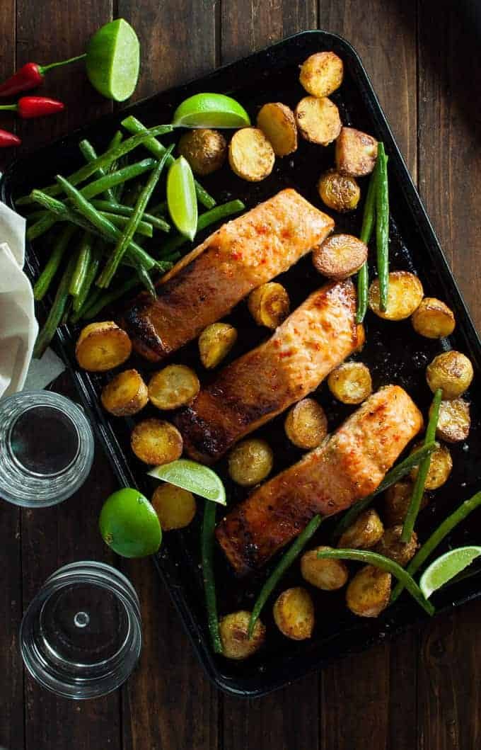 Chili Lime Baked Salmon with Potatoes and Beans (One Tray Meal)