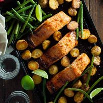 Chili Lime Baked Salmon with Potatoes and Beans (One Tray Meal)
