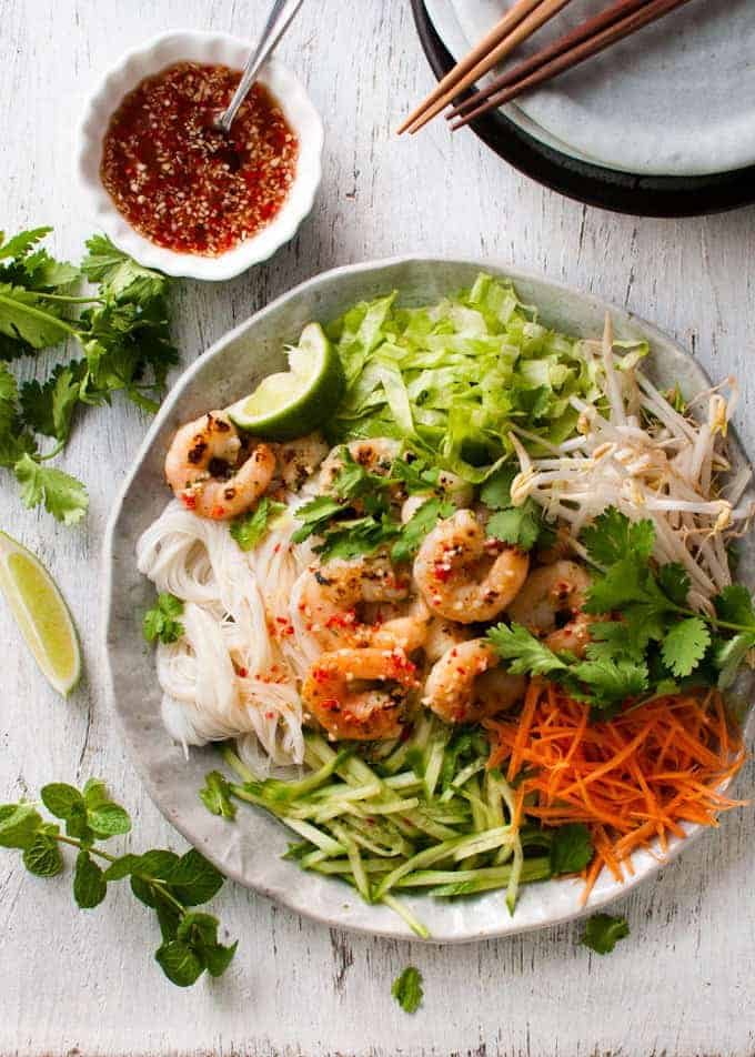 Vietnamese Shrimp Noodle Salad (rice noodles, lettuce, bean sprouts, carrot, cucumber, shrimp, dressing)