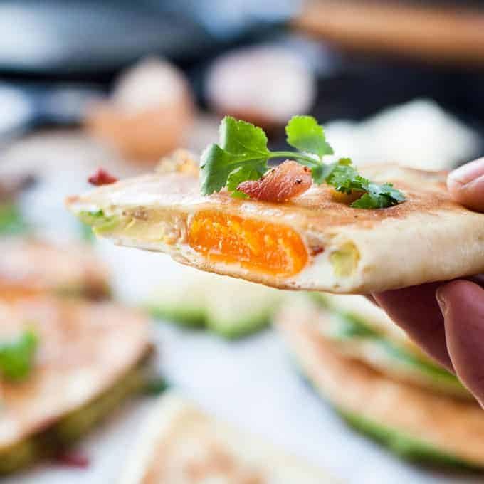 closeup of Egg, Bacon and Avocado Breakfast Quesadillas