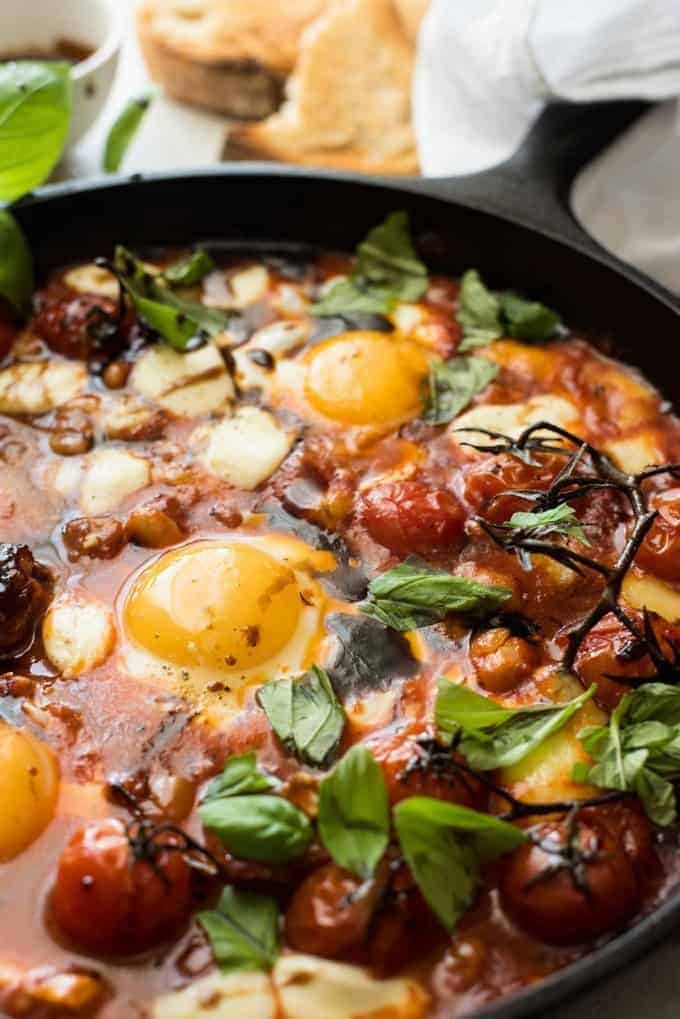 Closeup of Caprese Baked Eggs