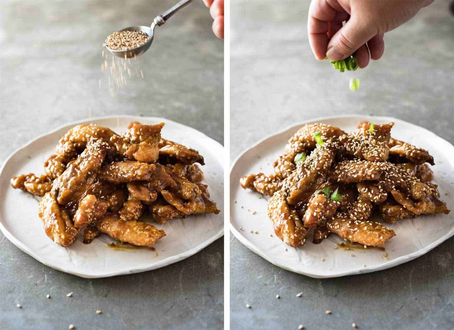 Finishing garnishes of sesame and scallions for Chinese Honey Sesame Chicken