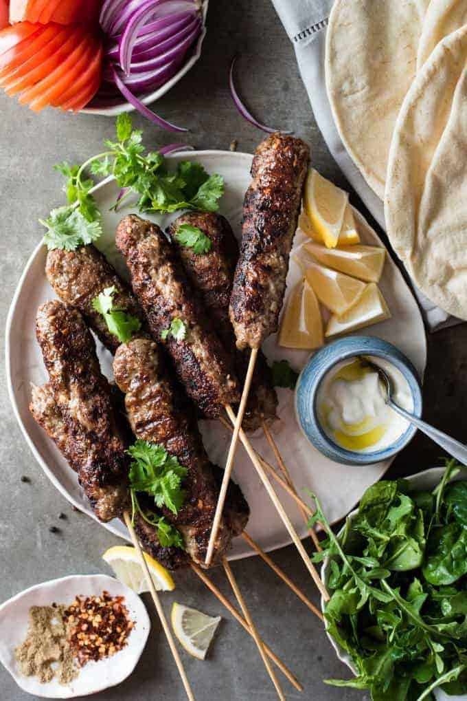 Turkish Lamb Kebab Kofta on skewers