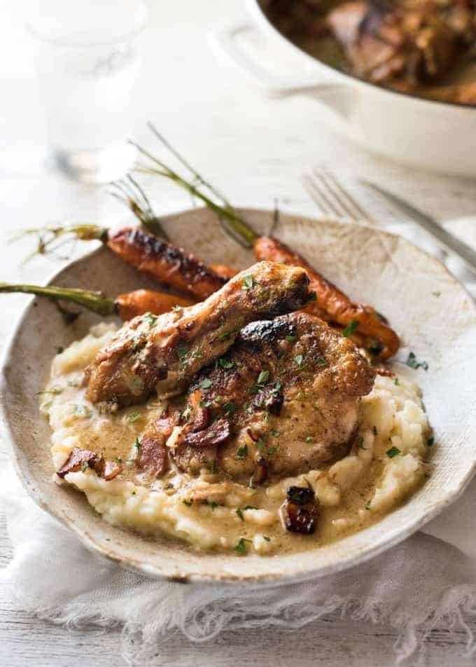 Creamy Chicken in White Wine Sauce - So easy to prepare, then just let it braise in the oven until the chicken is tender. The sauce is incredible! recipetineats.com