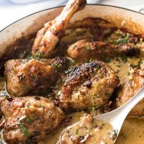 Chicken with Creamy White Wine Sauce and Bacon - So easy to prepare, then just let it braise in the oven until the chicken is tender. The sauce is incredible! www.recipetineats.com