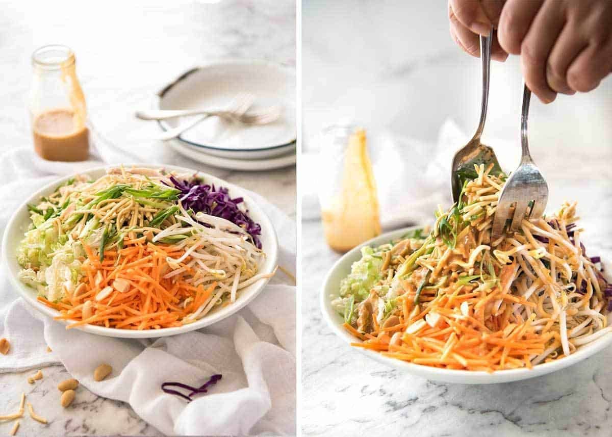 Chinese Chicken Salad with Asian Peanut Salad Dressing - made with cabbage, shredded chicken, crunchy noodles, carrot and a killer peanut dressing! www.recipetineats.com