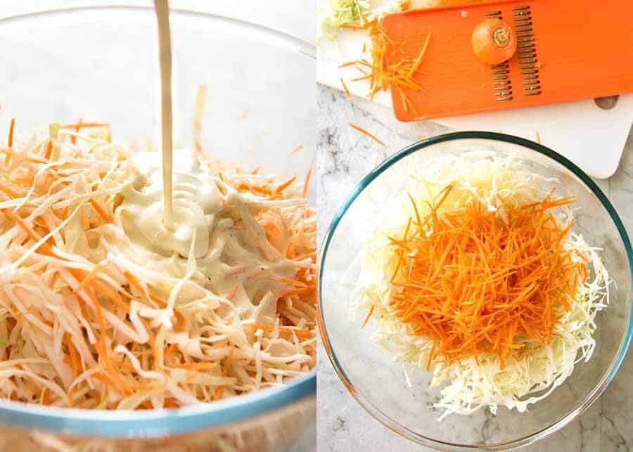 Coleslaw dressing being poured over the Coleslaw