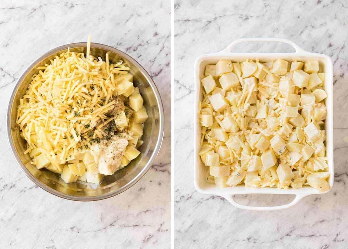 A faster, cheesier, creamier alternative to Scalloped Potatoes / Potato Gratin, this Easy Creamy Cheesy Potato Bake is made with cubed potatoes cooked in a cream and cheese sauce. www.recipetineats.com