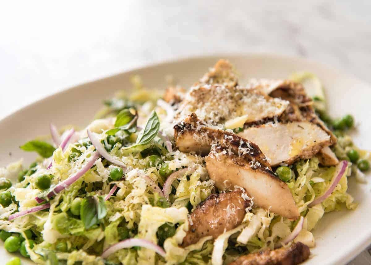 Lemon Parmesan Cabbage Salad with Grilled Chicken - A fabulous utterly addictive salad that you just can't stop eating! recipetineats.com