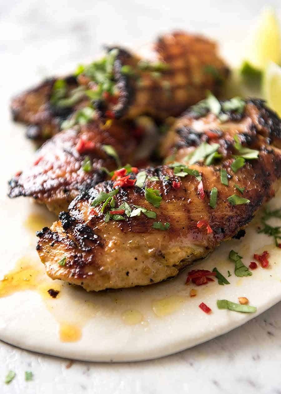 Close up of Thai Coconut Chicken fresh off the grill