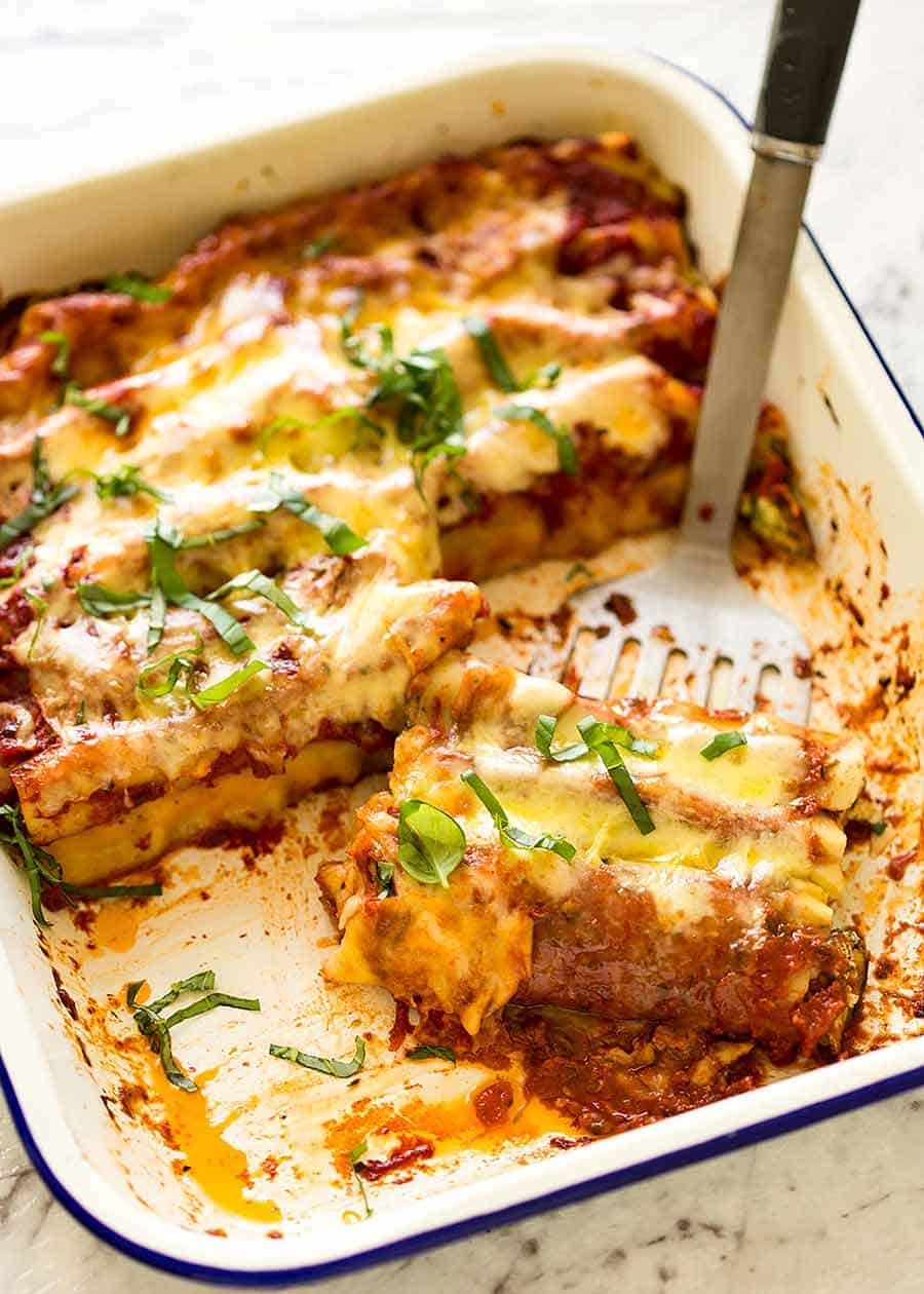 Spinach and Ricotta Cannelloni in a baking dish, fresh out of the oven