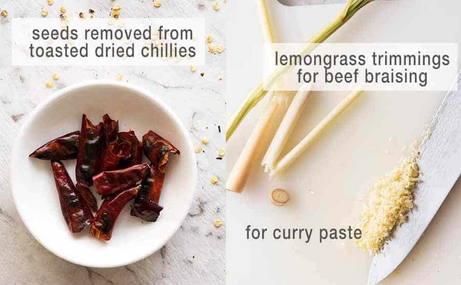 Lemongrass and dried chillies for Massaman curry