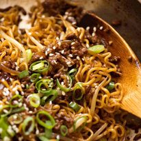 Close up of Quick Asian Beef Ramen Noodles fresh off the stove, ready to be served