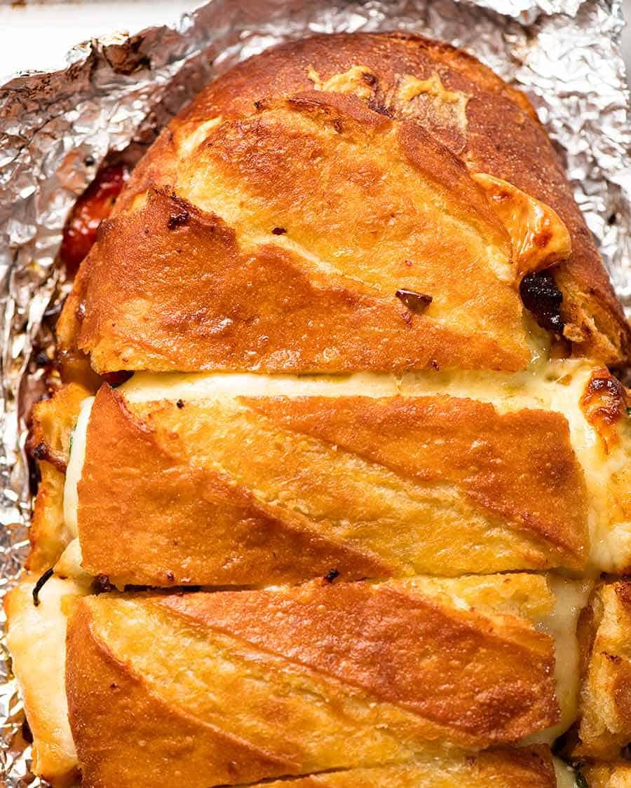 Overhead photo of Bread Bowl Sandwich, fresh out of the oven