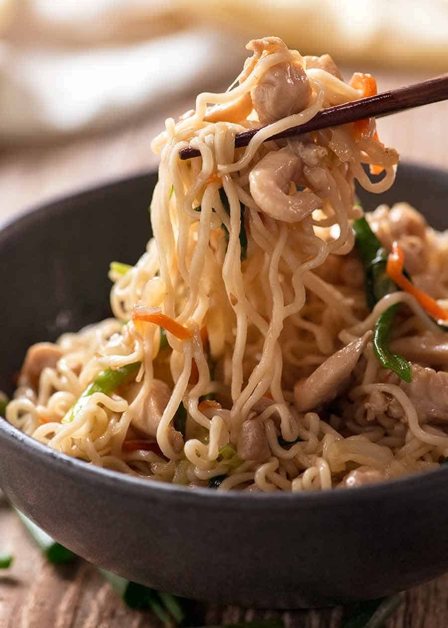 Chopsticks picking up Easy Chow Mein recipe
