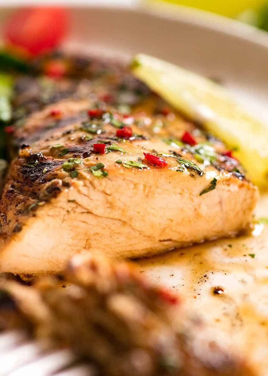 Close up photo showing juicy inside of Lime Marinated Chicken