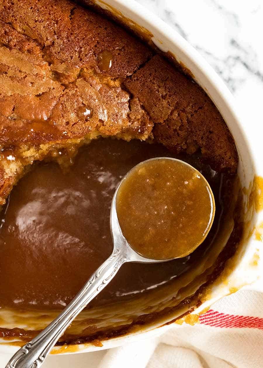 Showing butterscotch sauce under Butterscotch Self Saucing Pudding