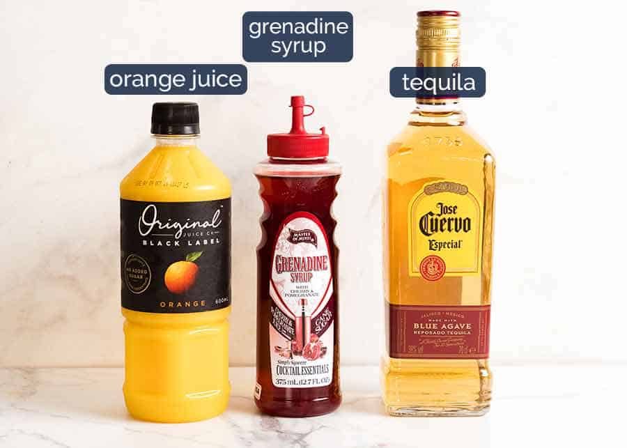 Photo of what goes in Tequila Sunrise cocktail - grenadine syrup, orange juice and tequila
