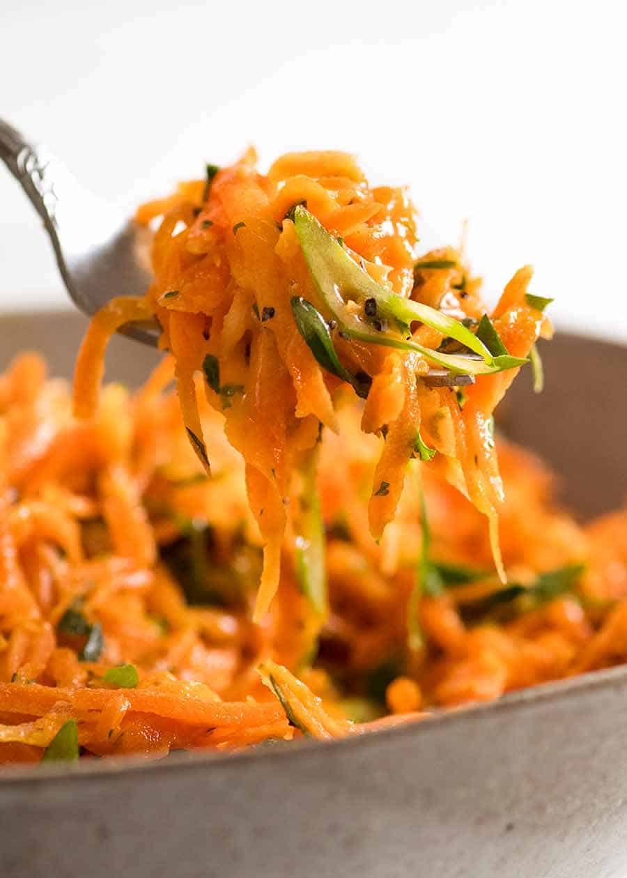Close up of forkful of Carrot Salad