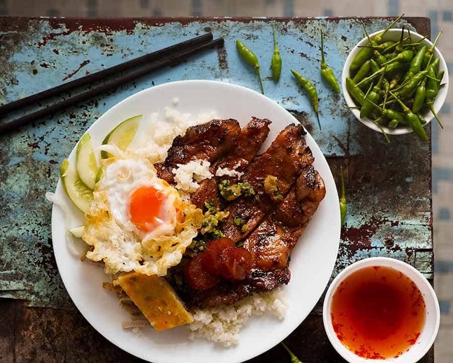 Overhead photo of famous Vietnamese Broken Rice - Com Tam