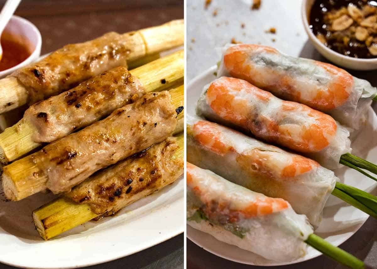 Vietnamese Rice Paper Rolls and Shrimp Sugarcane skewers at Ben Thanh Markets in Ho Chi Minh City, Vietnam