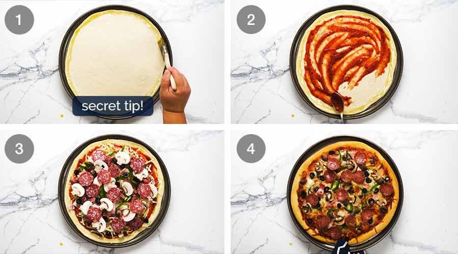 Topping pizza crust made without yeast