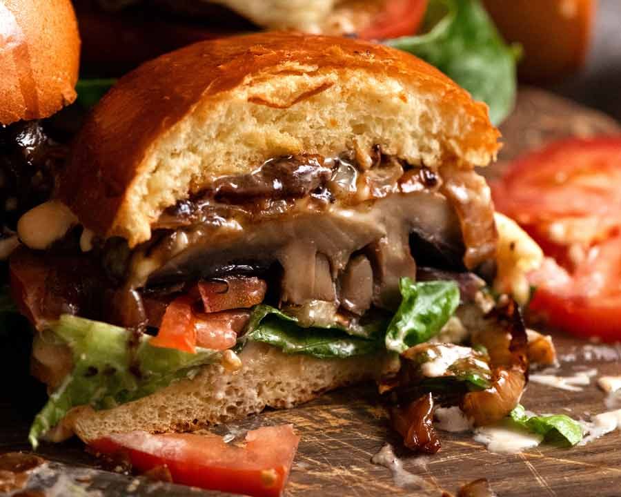 Showing inside of mushroom burgers