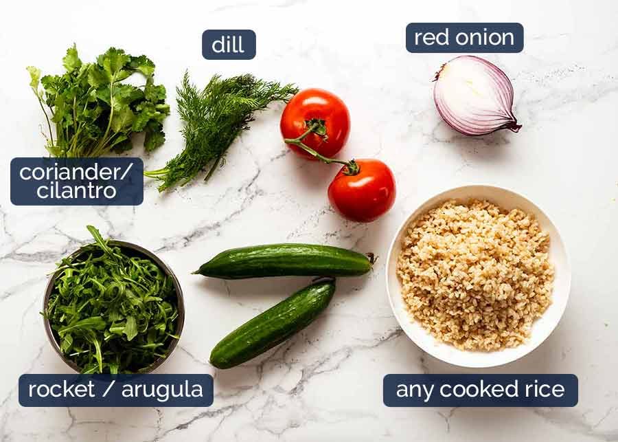 Ingredients in Mediterranean Brown Rice Salad