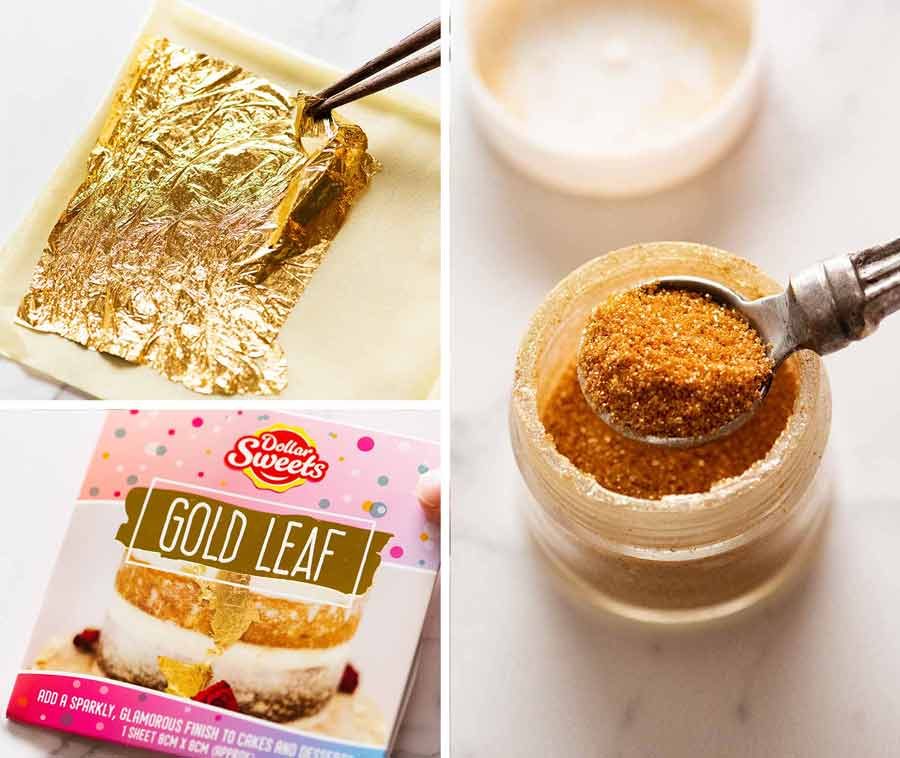 Gold leaf and gold dust for cake decorating