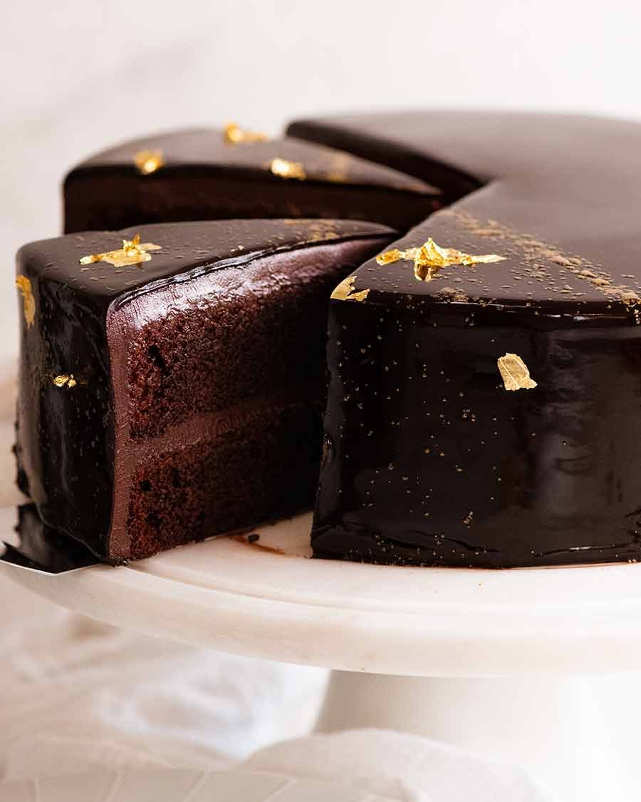 Close up of slice of Chocolate Mirror Glaze cake