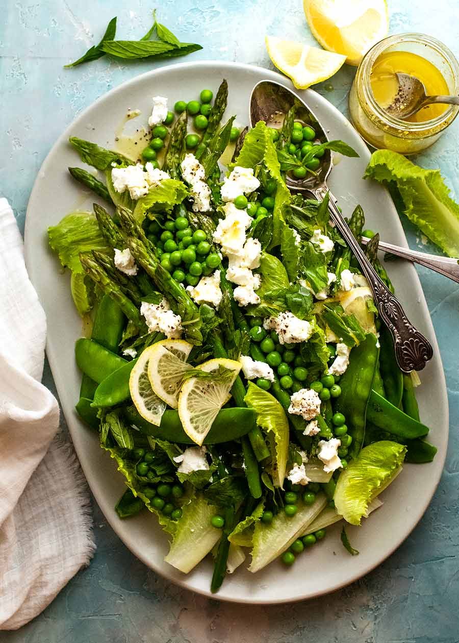 Platter with Spring Salad - with asparagus, peas, snow peas, baby cos lettuce (romaine) and goats cheese