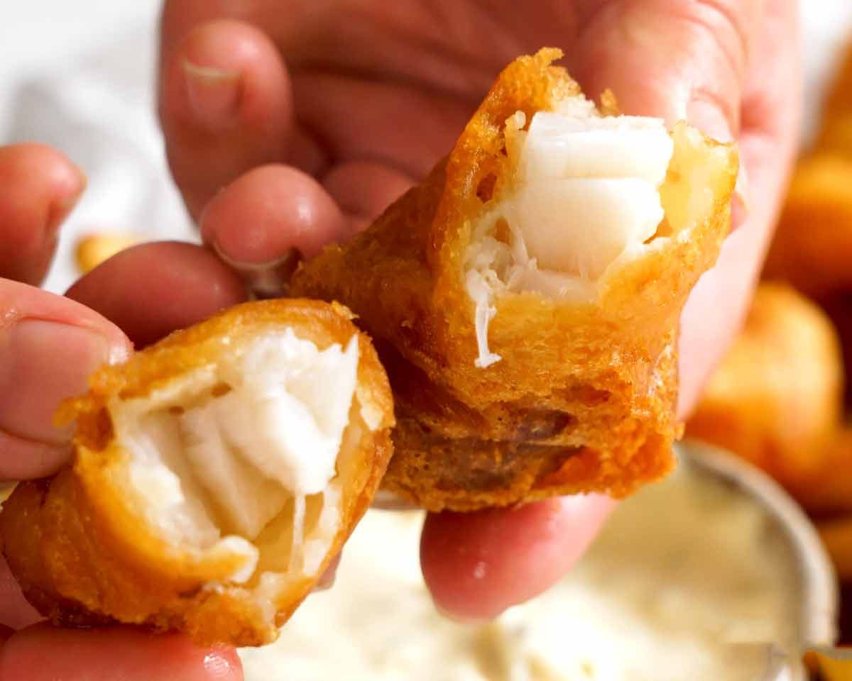 Showing juicy tender flesh inside Beer Battered Fish