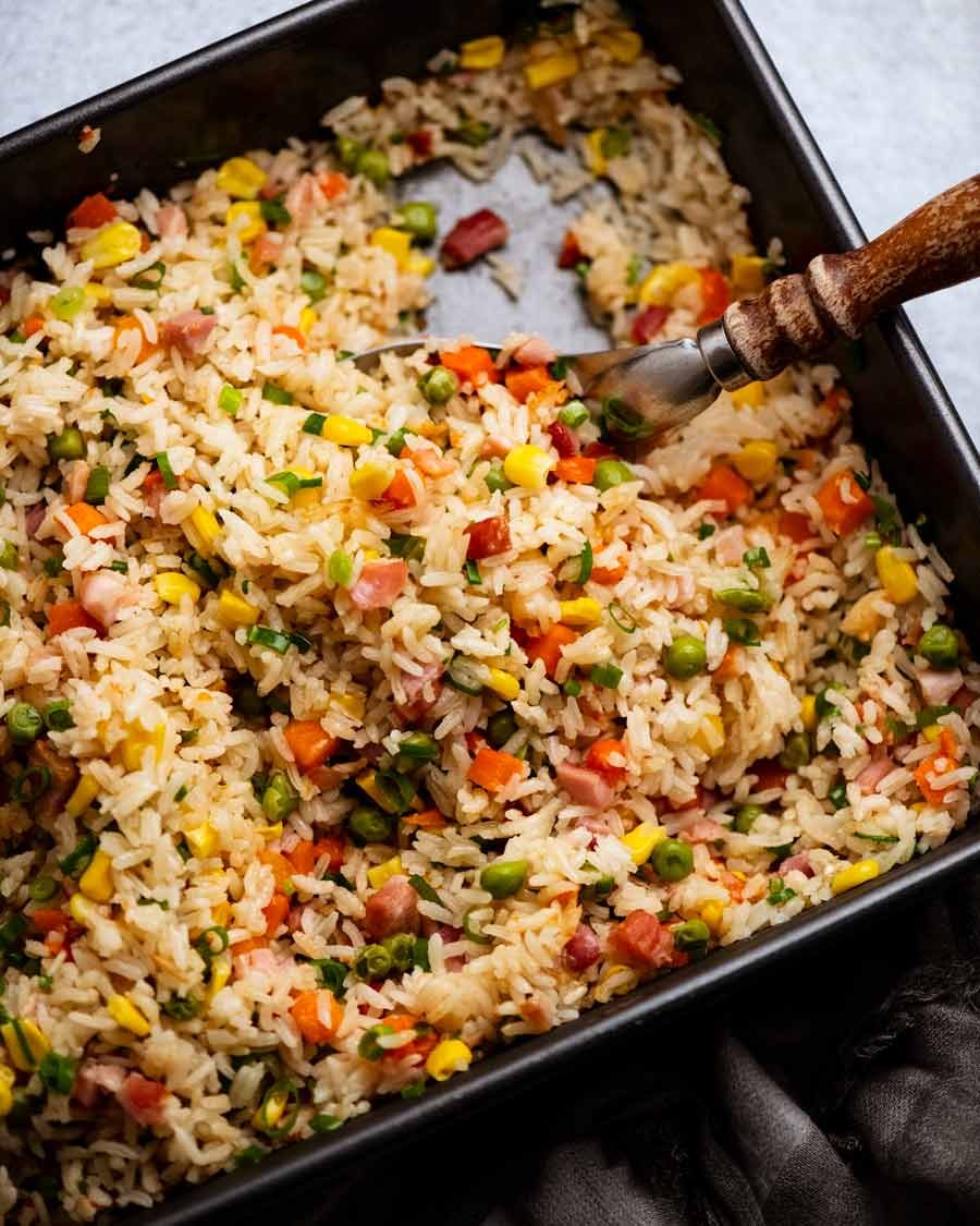 Pan of freshly cooked "Dump 'n Bake" Fried Rice