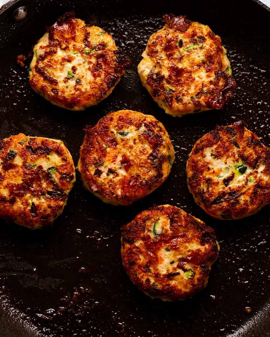 Chicken rissoles in a skillet