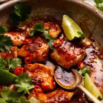 Close up of freshly made Chilli Lime Fish in a skillet