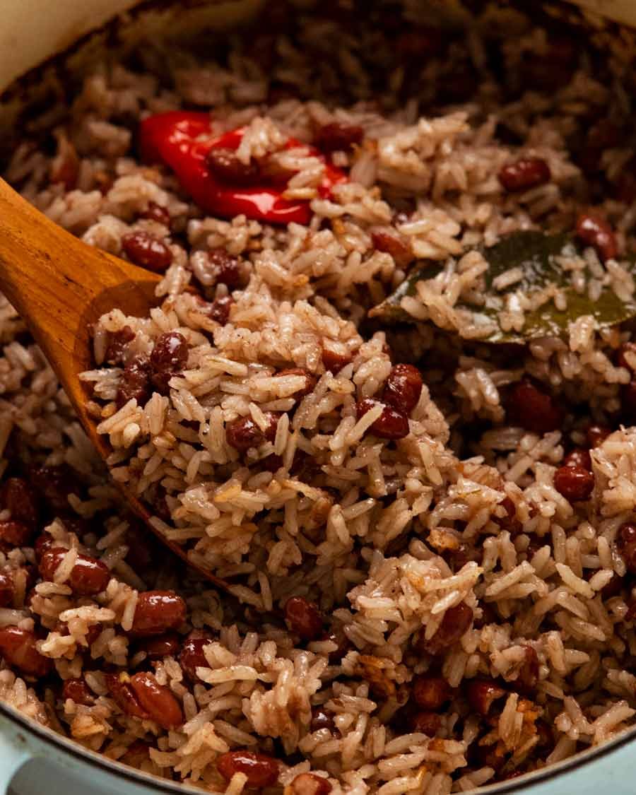Close up of Jamaican Coconut Rice and Peas (Beans)