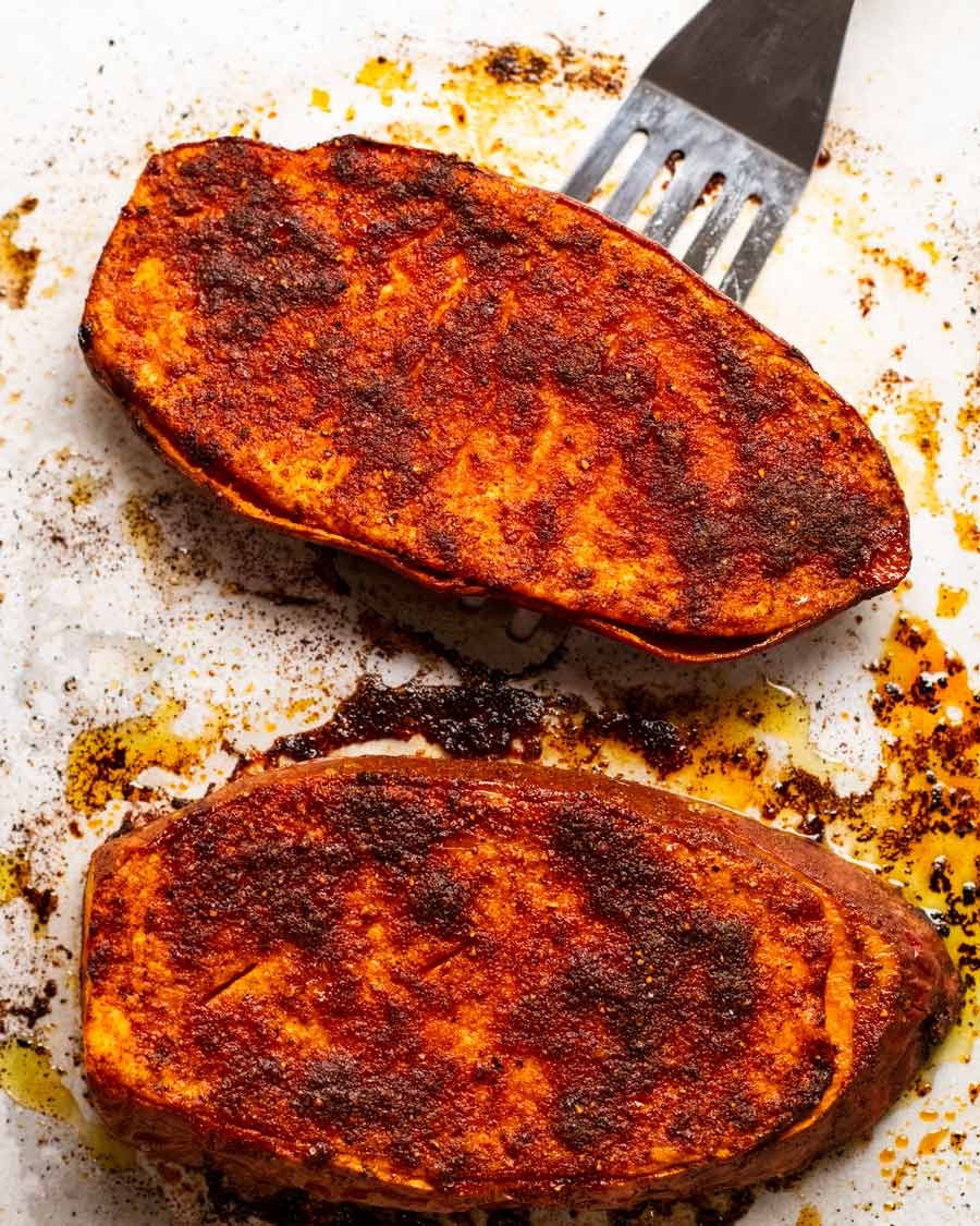 Making Roasted sweet potato steaks