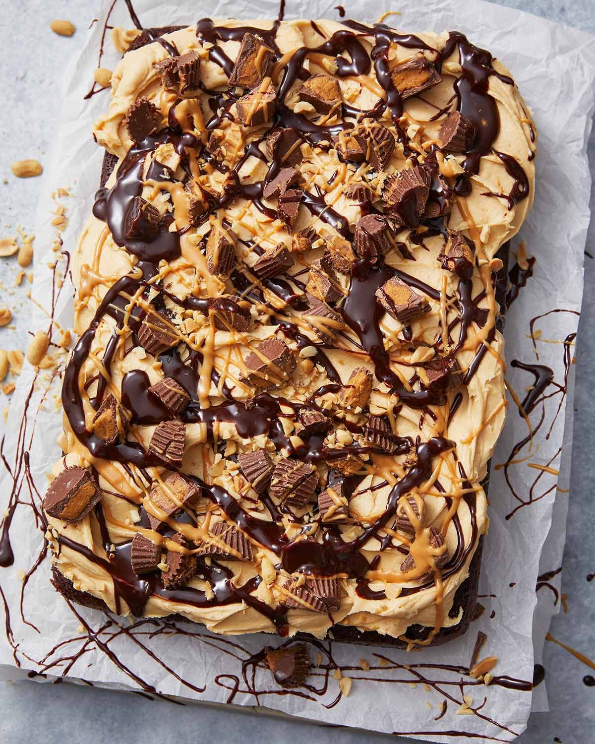 Overhead photo of Chocolate peanut butter cake