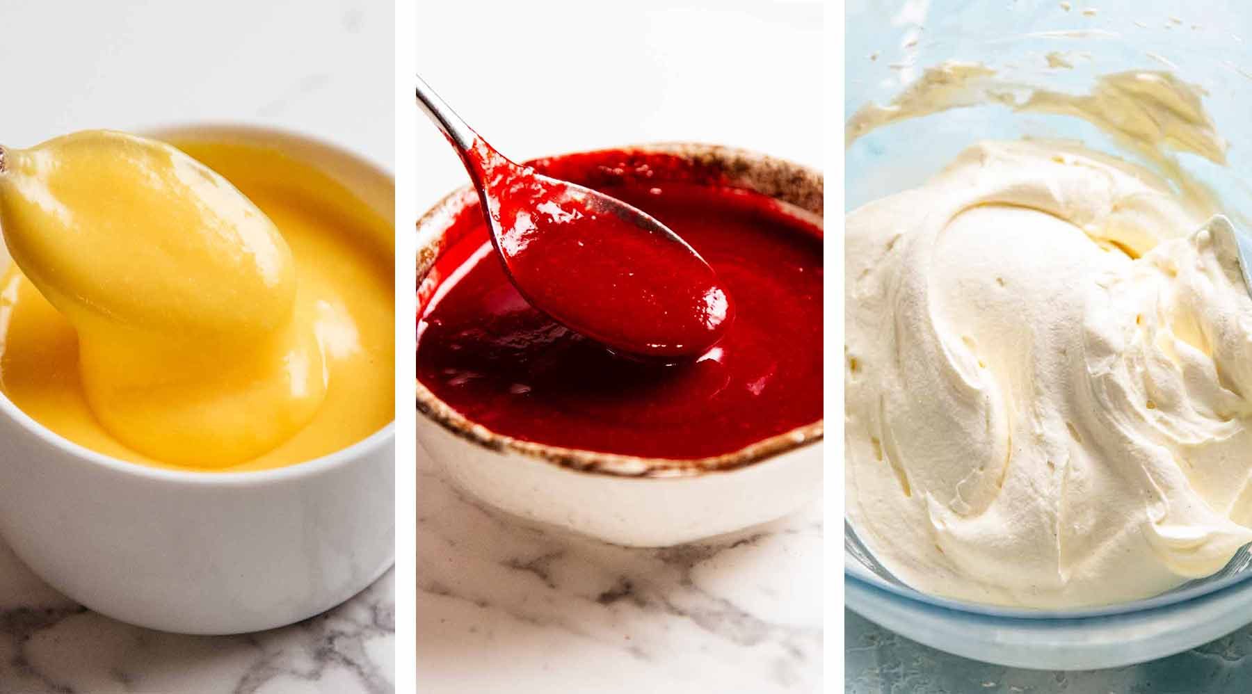 Pavlova Bomb Fillings - Raspberry Coulis, lemon curd, cream