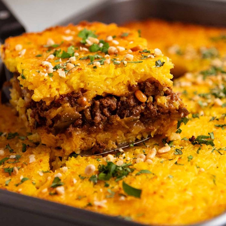 Golden Saffron Rice Bake stuffed with Spiced Meat